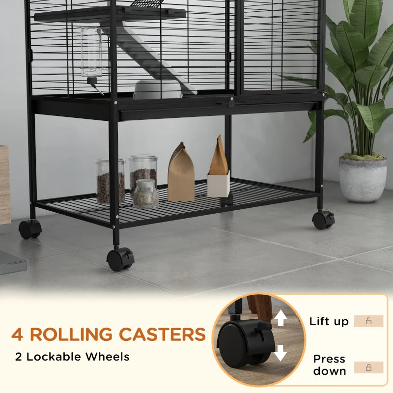 Rolling Small Animal Cage 54"H Chinchilla Cage for Ferrets, Squirrels w/ Removable Tray, Storage Shelf, Black