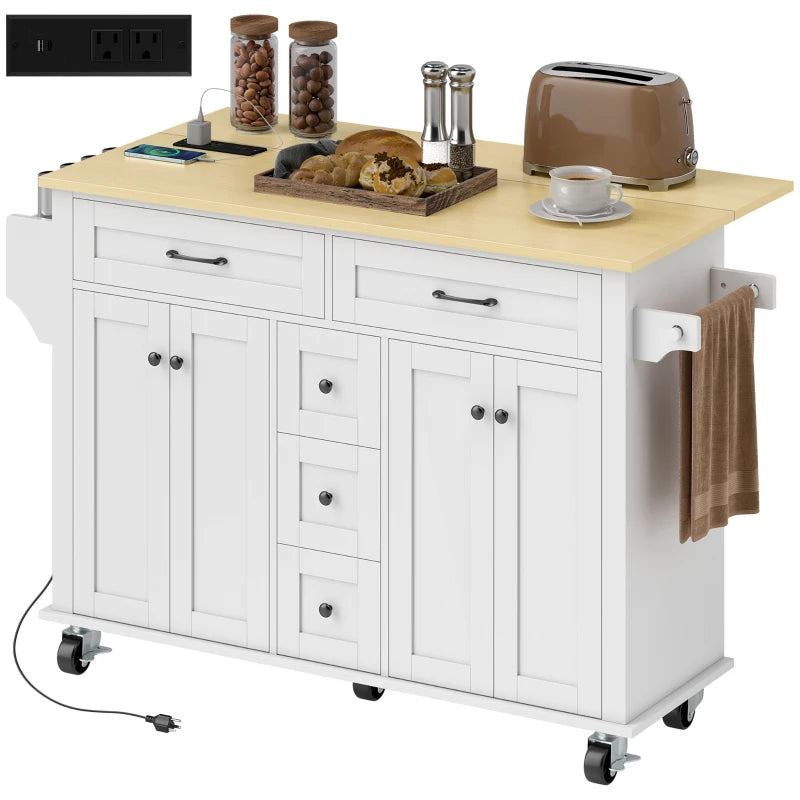 Kitchen Island Cart with Power Outlet & Drop Leaf, 55" Rolling Kitchen Island on Wheels with Storage, White