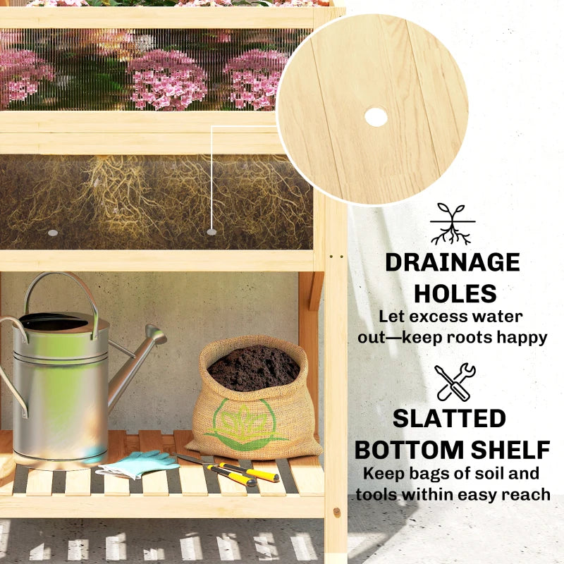 Raised Garden Bed Planter with Cold Frame, Wooden Elevated Planter Box with Folding Side Table and Shelf, Natural Wood