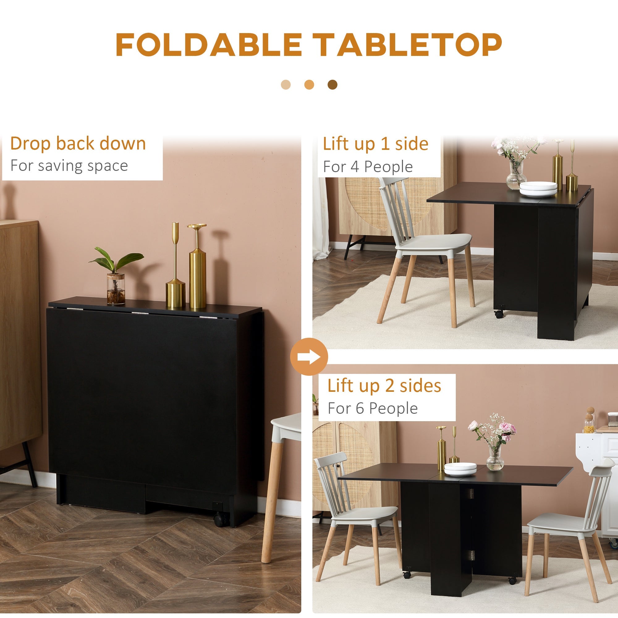 HOMCOM Folding Dining Table Extendable Movable Drop Leaf with Shelves Casters Black for Small Spaces