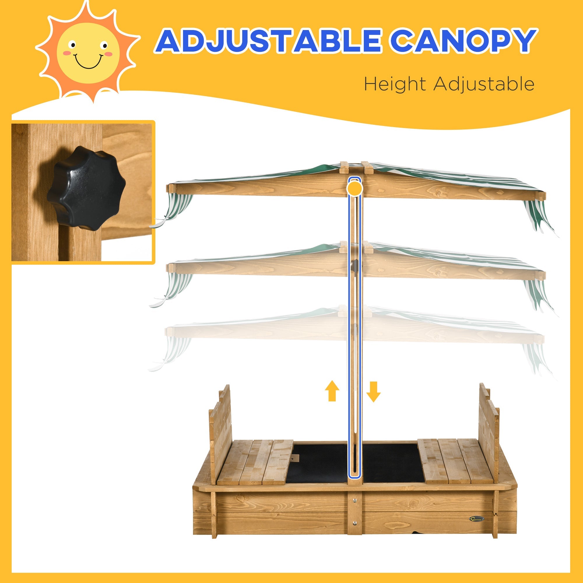 Outsunny Kids Sandbox Wooden with Cover Adjustable Canopy Foldable Bench Seats Sand Play Light Brown