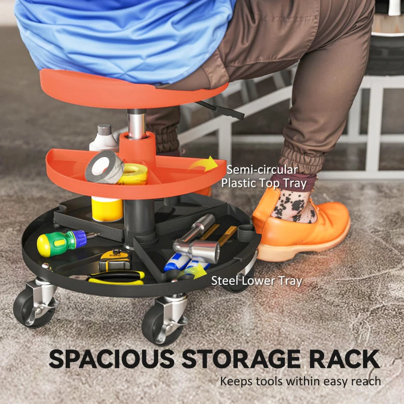 Rolling Garage Stool, 300 LBS Capacity Mechanic Stool with 2.5" Wheels, Tool Trays Storage, Adjustable Height, Orange