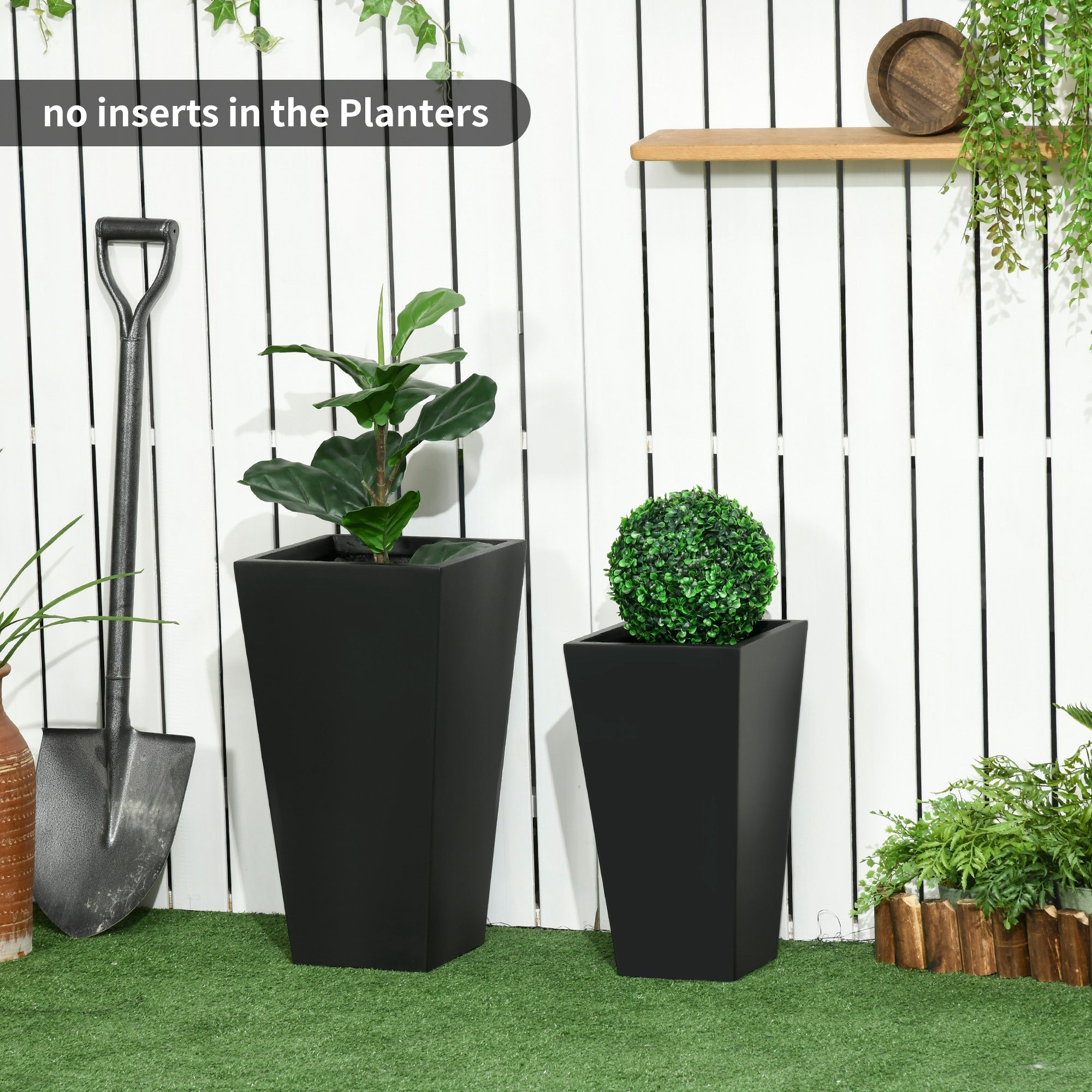 Outsunny Set of 2 Tall Planters with Drainage Holes, 22" / 18" Outdoor Flower Pots for Patio, Yard, Garden, Black