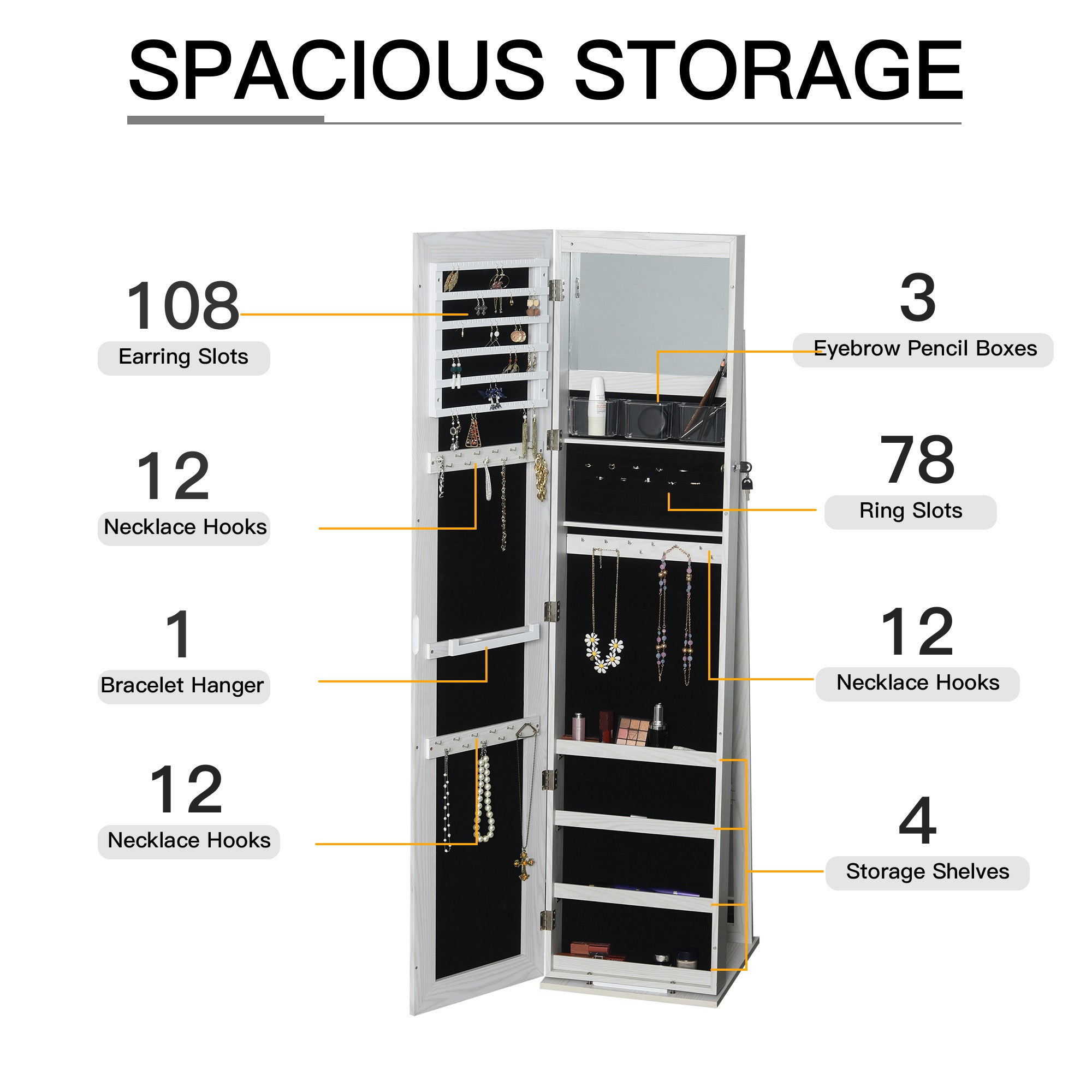 HOMCOM Lockable Jewelry Cabinet Standing Armoire Full Length Mirror LED Lights White Jewelry Organizer