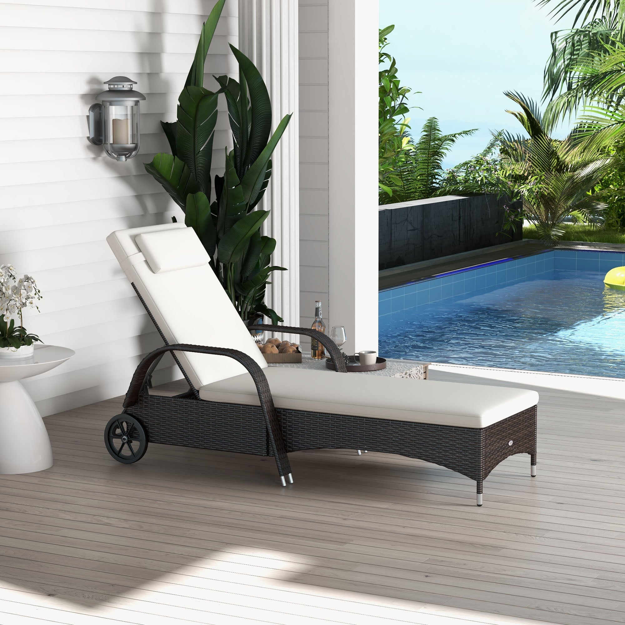 Outsunny Adjustable Wicker Sun Lounger Outdoor Recliner Chair Garden Chaise Lounge with Cushion, Brown