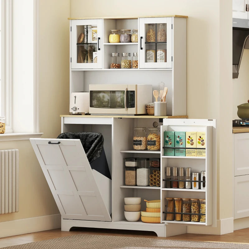 Kitchen Pantry Cabinet with Charging Station, 7 Gallon Trash Can Cabinet, Adjustable Shelves and Acrylic Doors, Multifunctional Cabinet, White