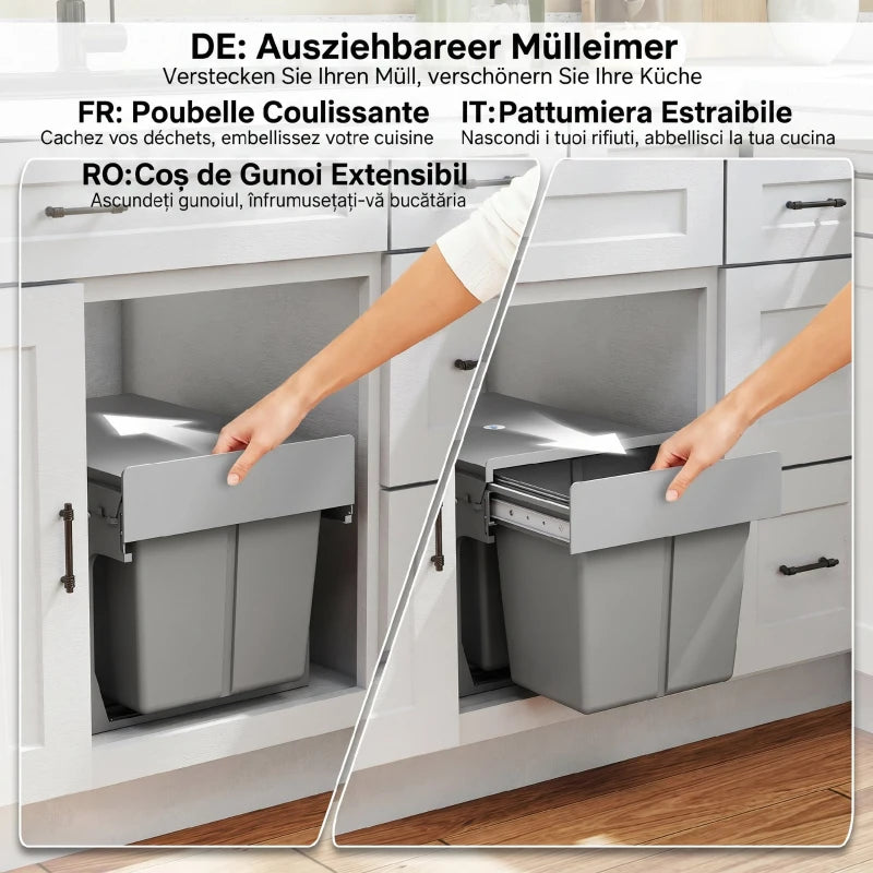 Pull Out Bin with Dual 4-Gallon Removable Compartments, Under Sink Garbage Can with Soft-Close Slides, Light Grey