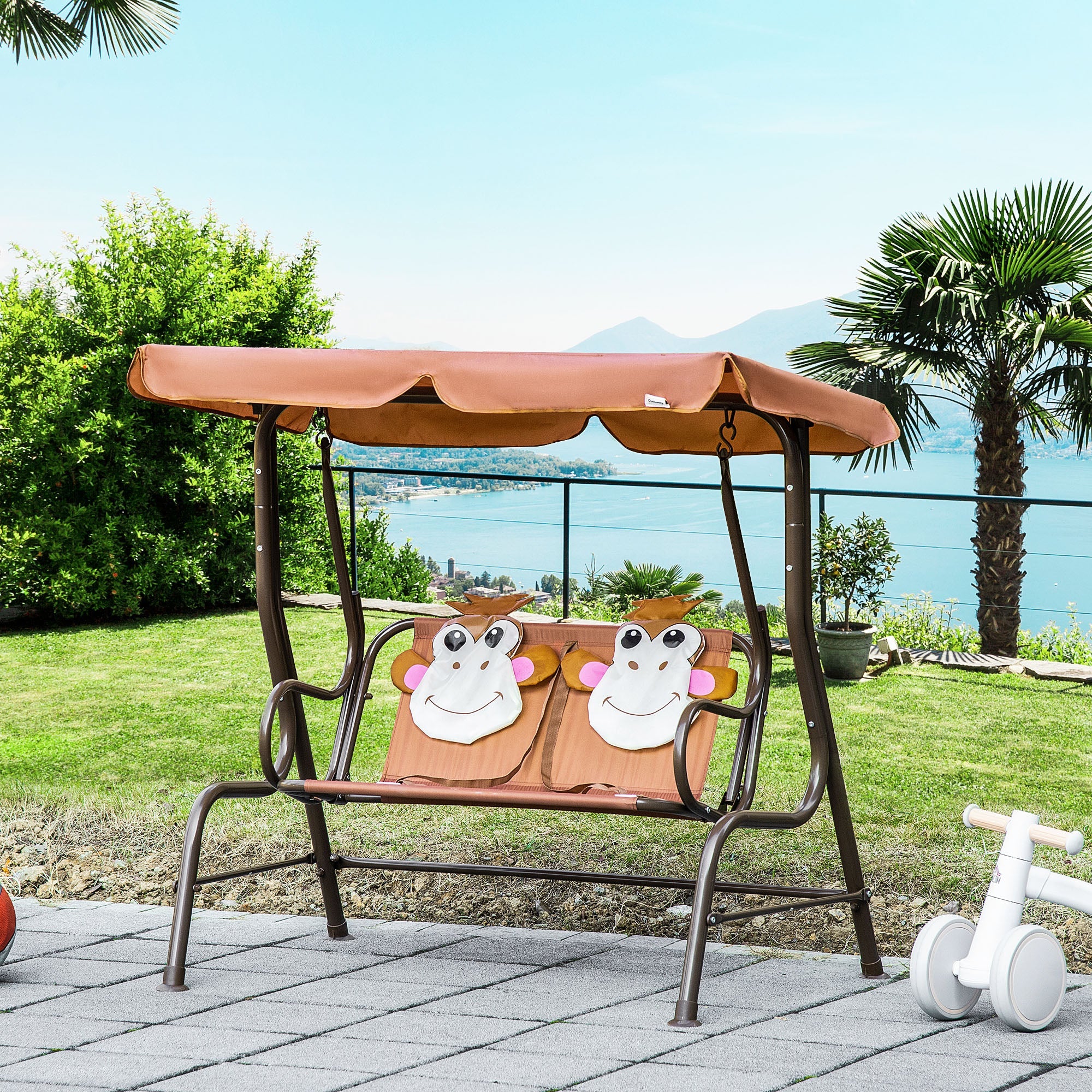 Outsunny 2-Seat Kid Swing with Adjustable Canopy Coffee Outdoor Patio Lounge Chair for Garden Porch