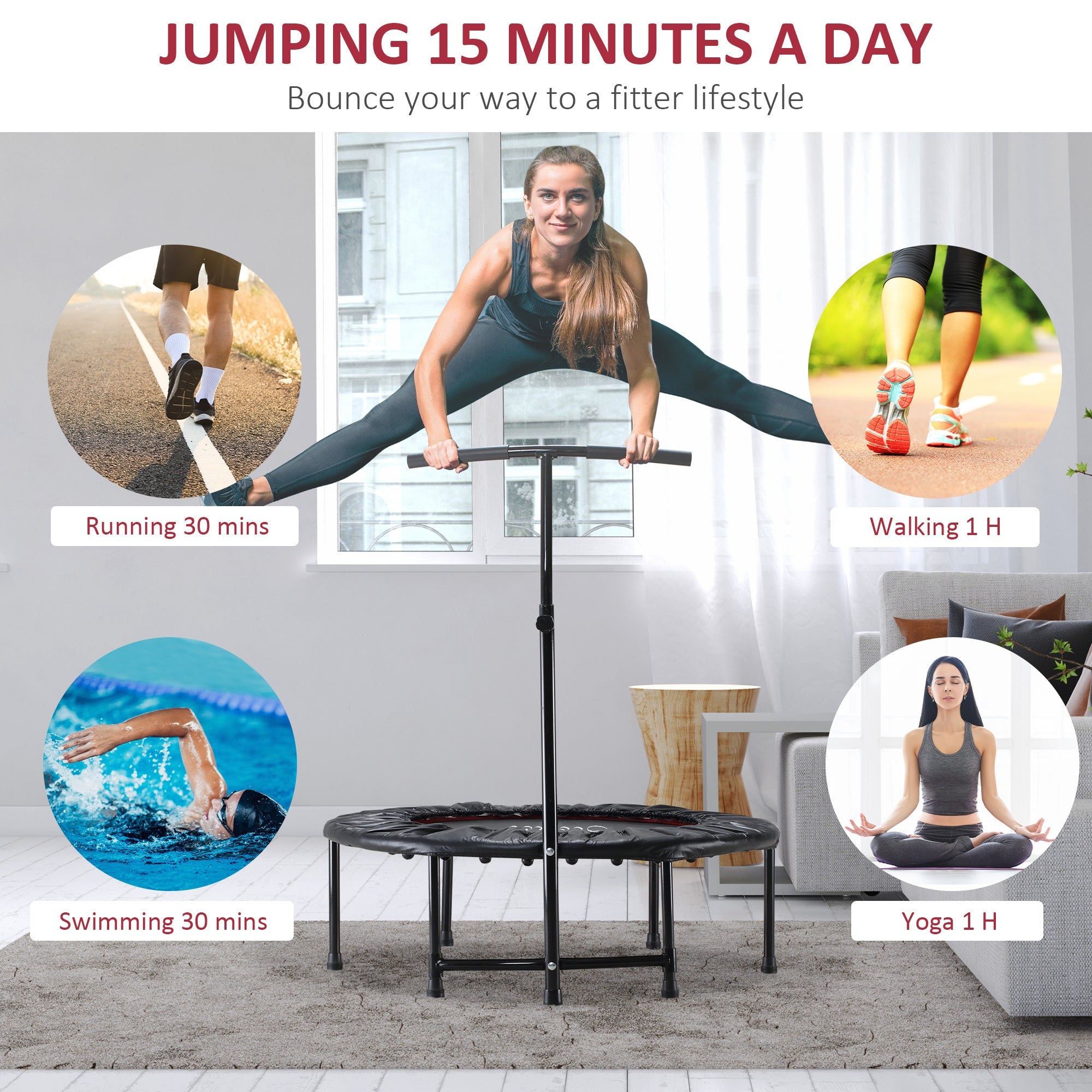 Soozier Mini Trampoline 40" Indoor Fitness Rebounder Adjustable Handle Bar Workout Cardio Exercise Black