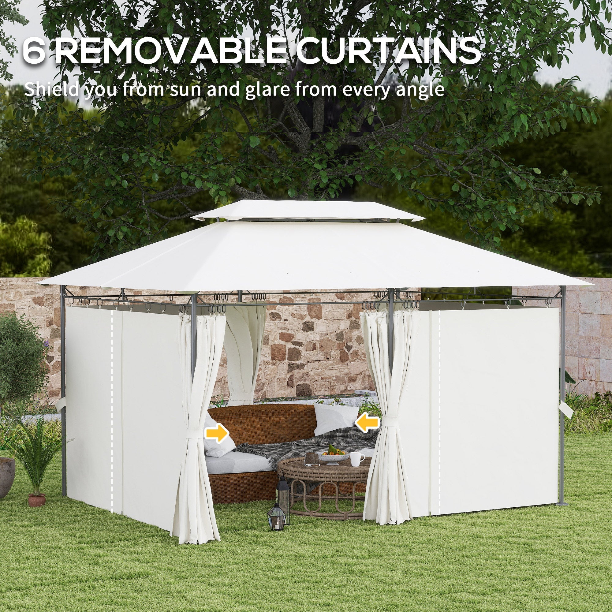 Outsunny 10' x 13' Double Roof Patio Gazebo, Outdoor Gazebo with Curtains, for Garden, Lawn, Backyard and Deck, Cream White