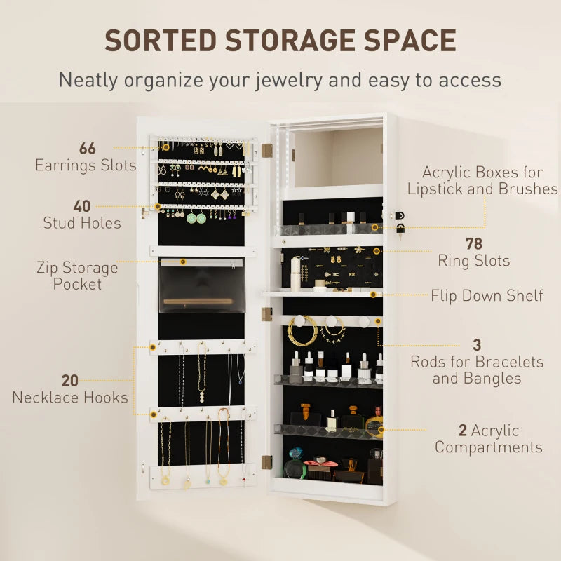 LED Lighted Jewelry Armoire with Mirror Jewelry Cabinet with Storage Lockable Door/Wall Mounted Jewelry Organizer, White