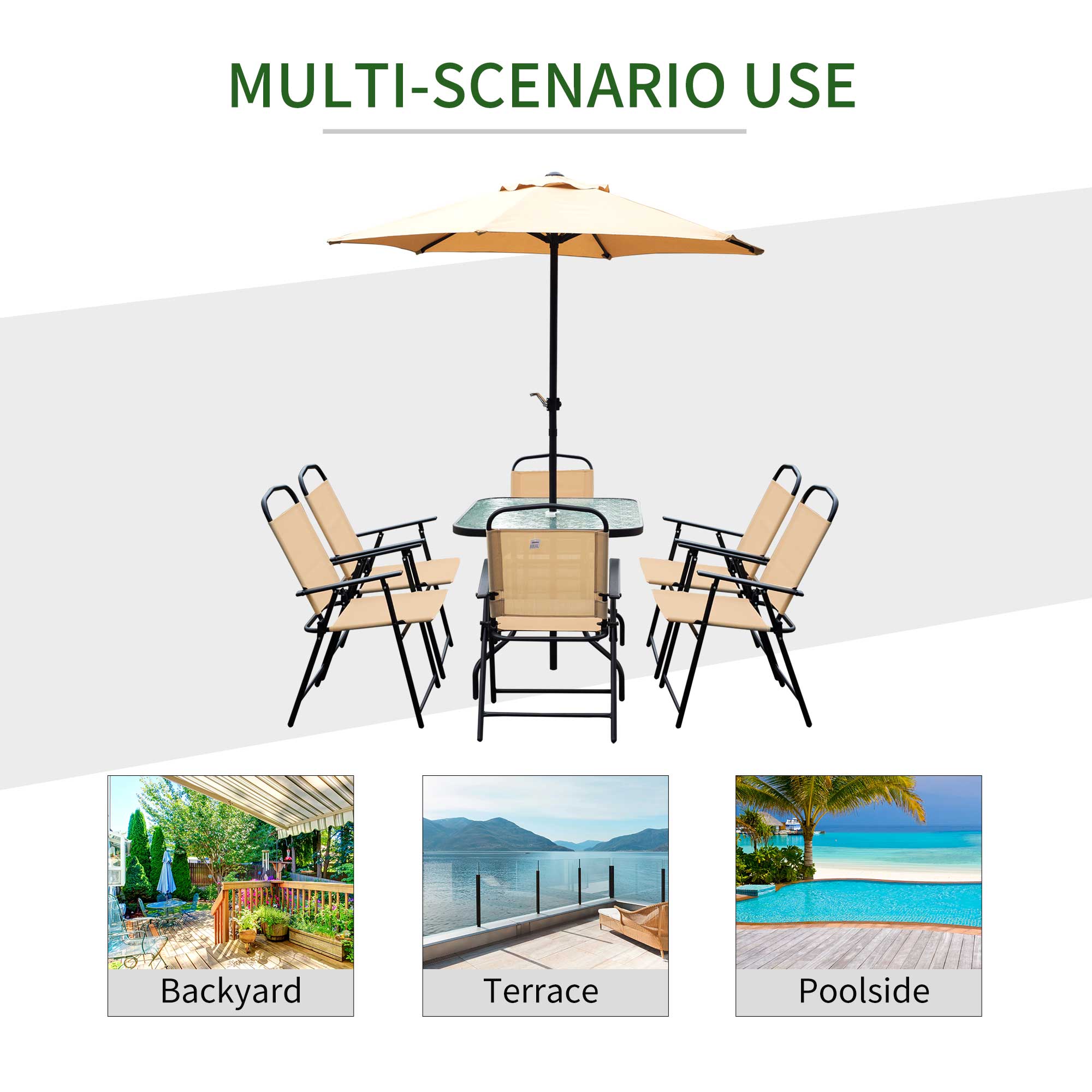 Outsunny 8pc Patio Garden Texteline Dining Set Outdoor Bistro Furniture 6 Folding Chairs with Table and Umbrella Beige
