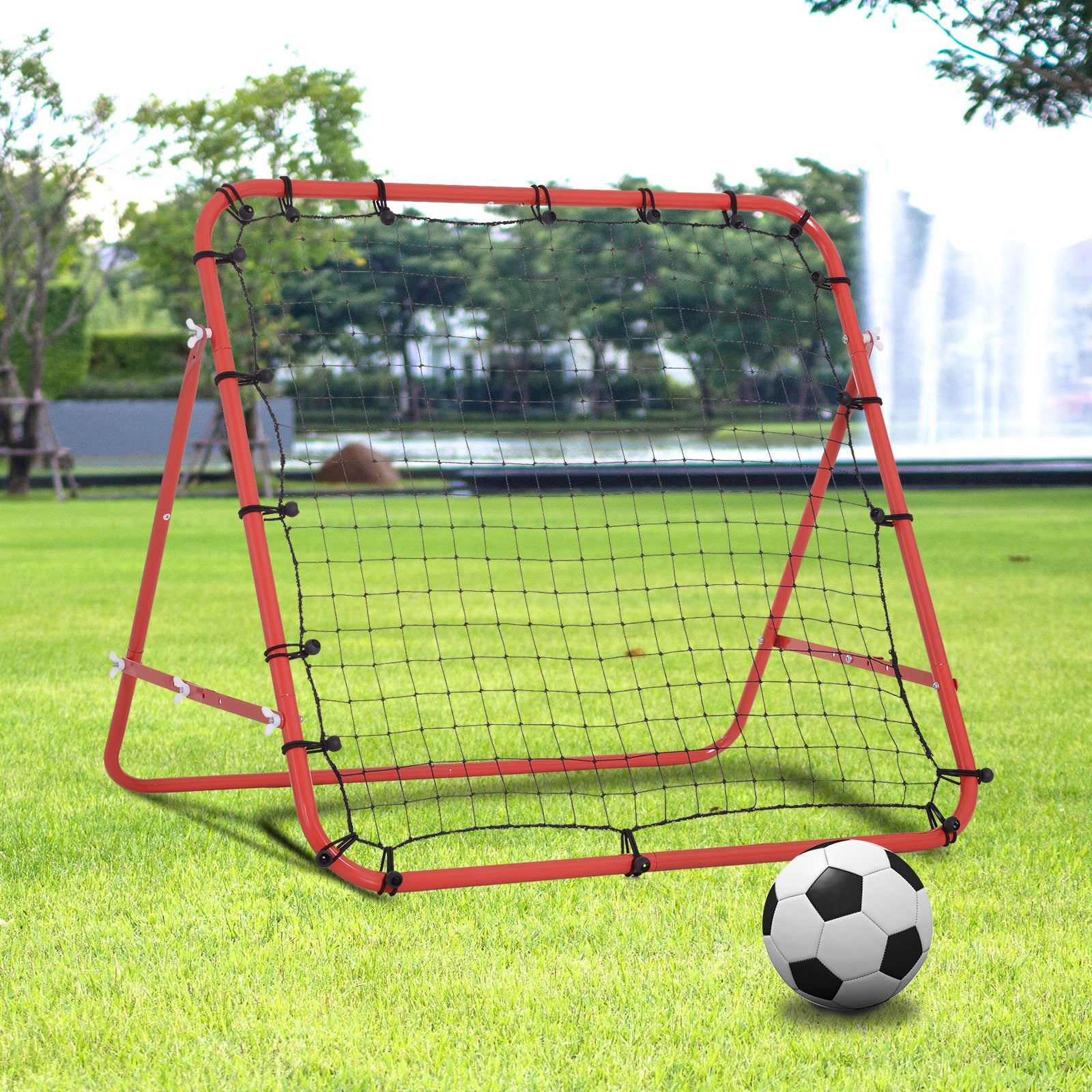 HOMCOM Kids Football Rebounder Net Training Soccer Kickback Target Goal Adjustable Red for Outdoor Play