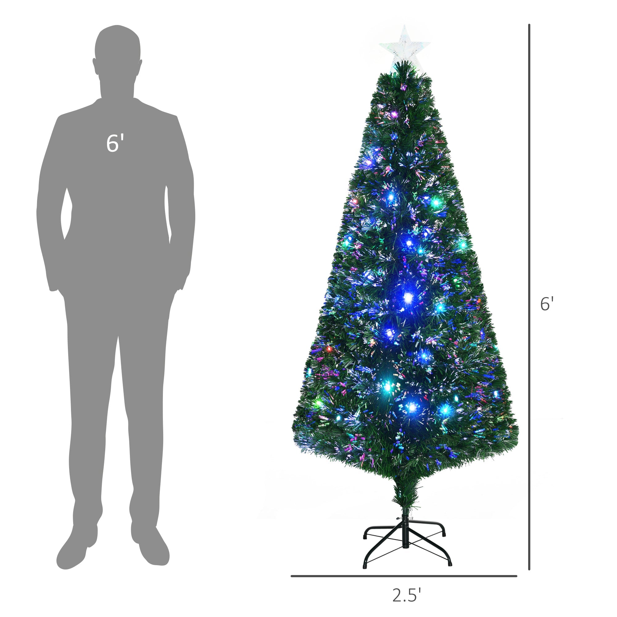 HOMCOM 6FT Prelit Artificial Christmas Tree, Fiber Optic Tree Xmas Decoration with Multi-colored Light, 230 Tips
