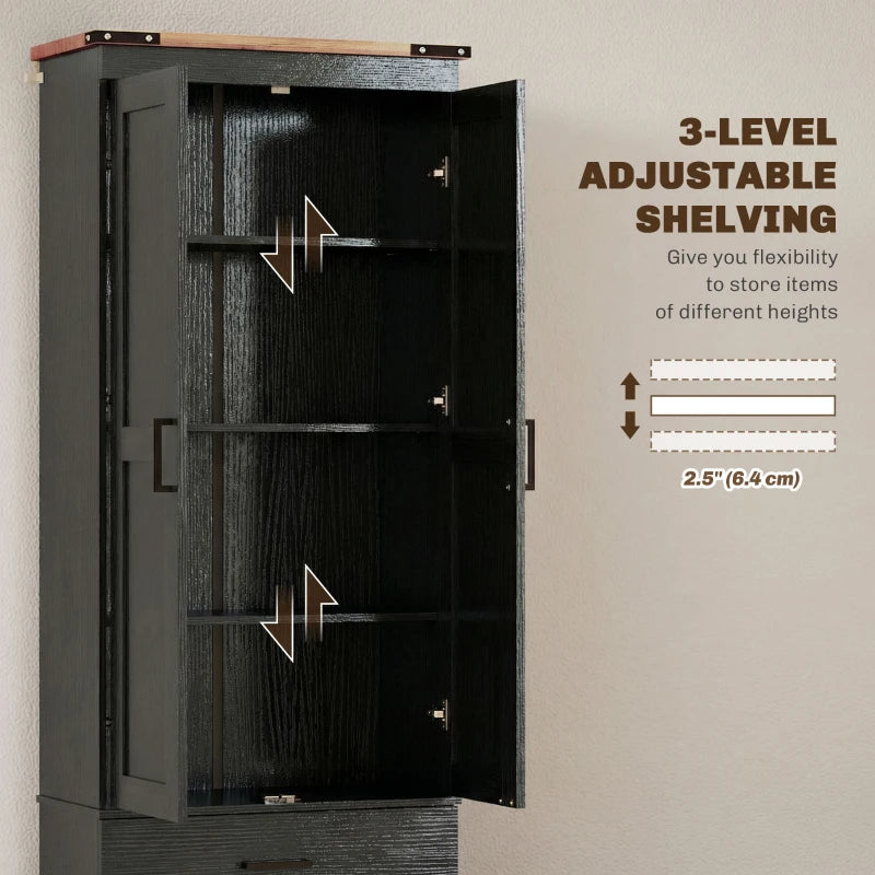 67" Tall Kitchen Pantry Storage Cabinet, Kitchen Pantry Cabinet with Doors, Drawers and Adjustable Shelves, Black