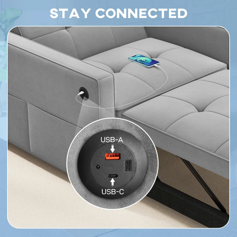 Convertible Chair Bed, Pull Out Sleeper Chair with USB, Adjustable Backrest, Small Velvet Futon Sofa Bed, Grey