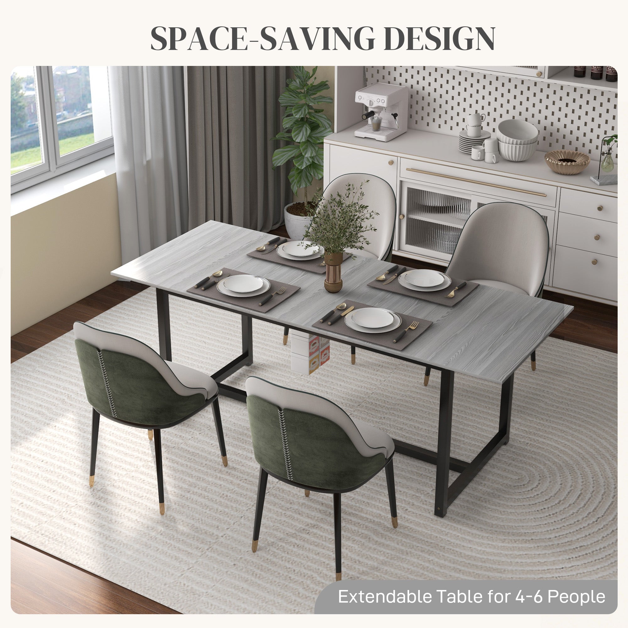 HOMCOM 63"-79" Collapsible Dining Table for 2-4, Foldable Kitchen Table with Steel Frame for Dining Room, Grey Wood Grain