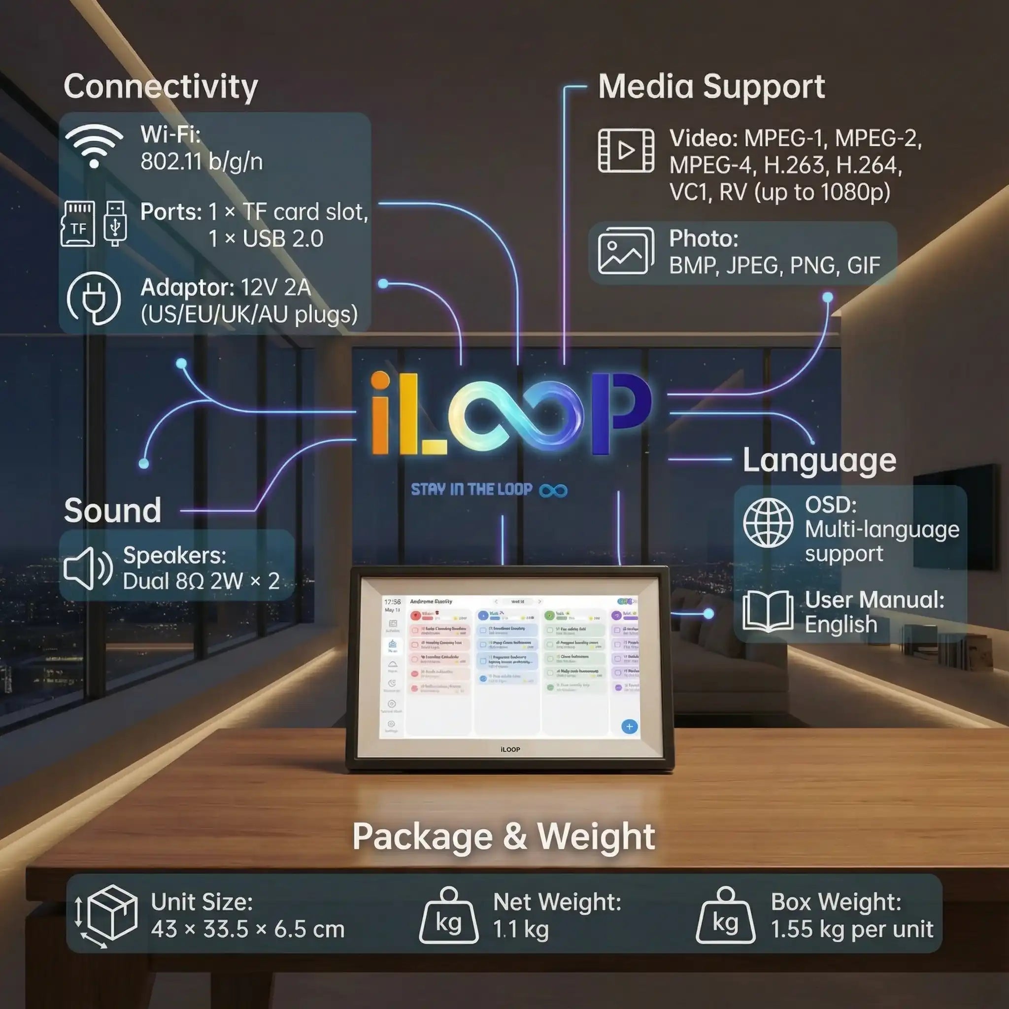 iLoop 10.1” Digital Calendar 32GB | Calendar, Wi-Fi Photo & Video Frame, Art Gallery | Premium Features No Subscription, Touchscreen