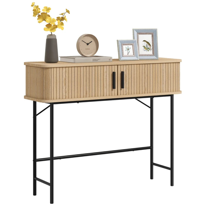 Mid-Century Narrow Console Table with Slatted Tambour Sliding Doors, Entryway Table with Steel Legs, Oak and Black