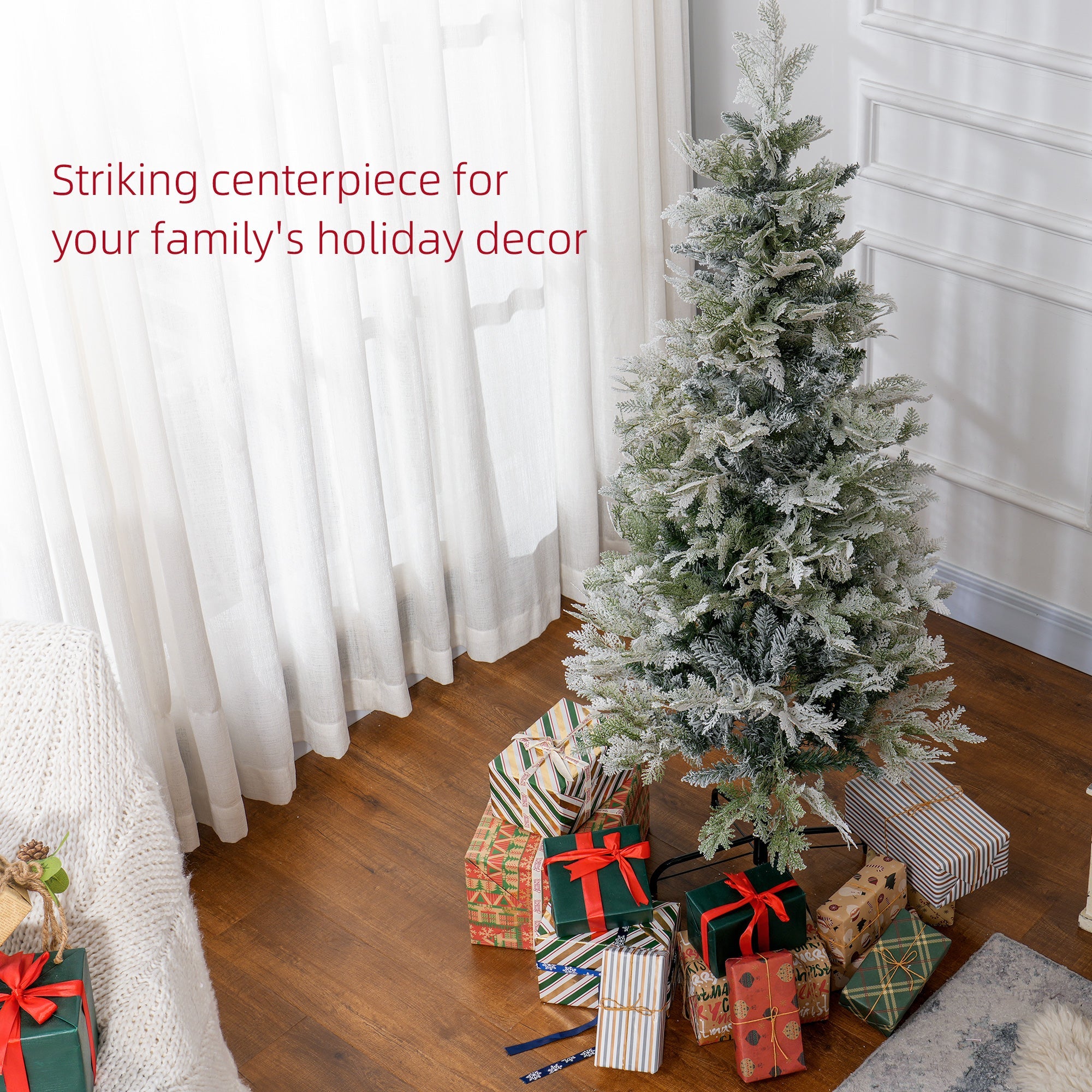 HOMCOM 5 Feet Pencil Snow Flocked Artificial Christmas Tree with 517 Realistic Cypress Branches, Auto Open, Green