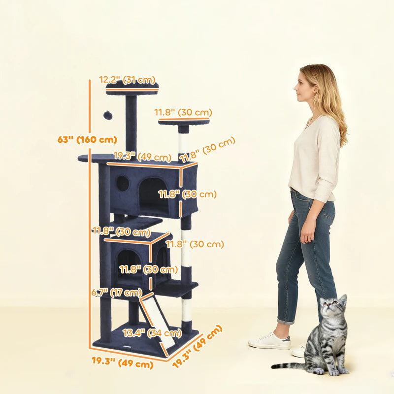 63" Cat Tree, Multi-Level Cat Tower with Scratching Posts, Cat Condos, Bed, Platforms, Ramp, Toy Ball, Dark Blue