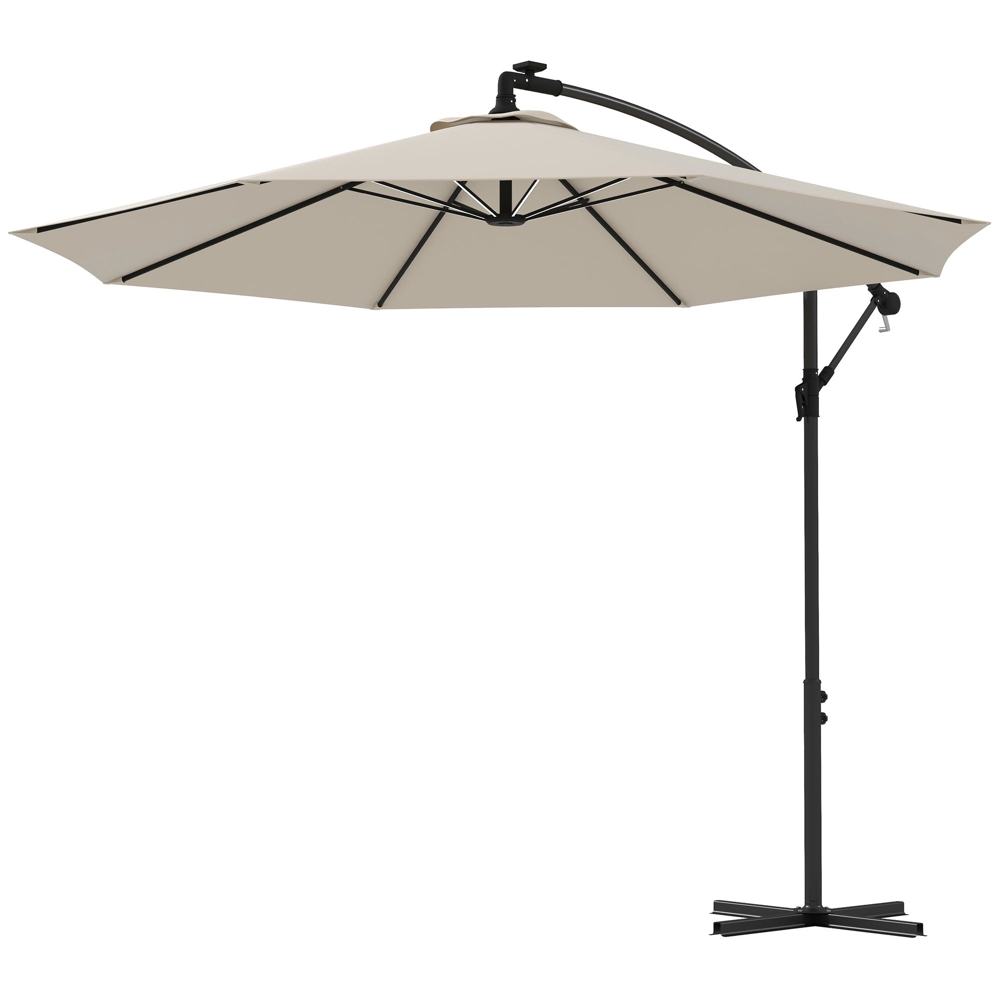 Outsunny 10' Cantilever Hanging Offset Umbrella Solar LED Lights Crank Cross Base Aluminum Frame Beige