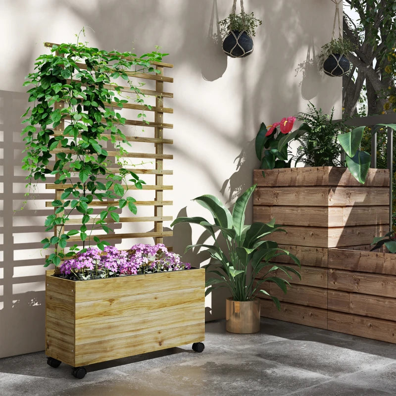 Wooden Planter with Trellis, Raised Garden Bed with 4 Wheels for Climbing Plants, 30" x 12" x 61", Nature Wood