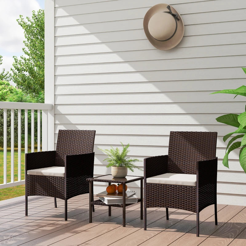 Wicker Bistro Set, 3 Piece Patio Furniture Set with 2-Tier Glass Top Table, Cushions for Balcony, Porch, Beige