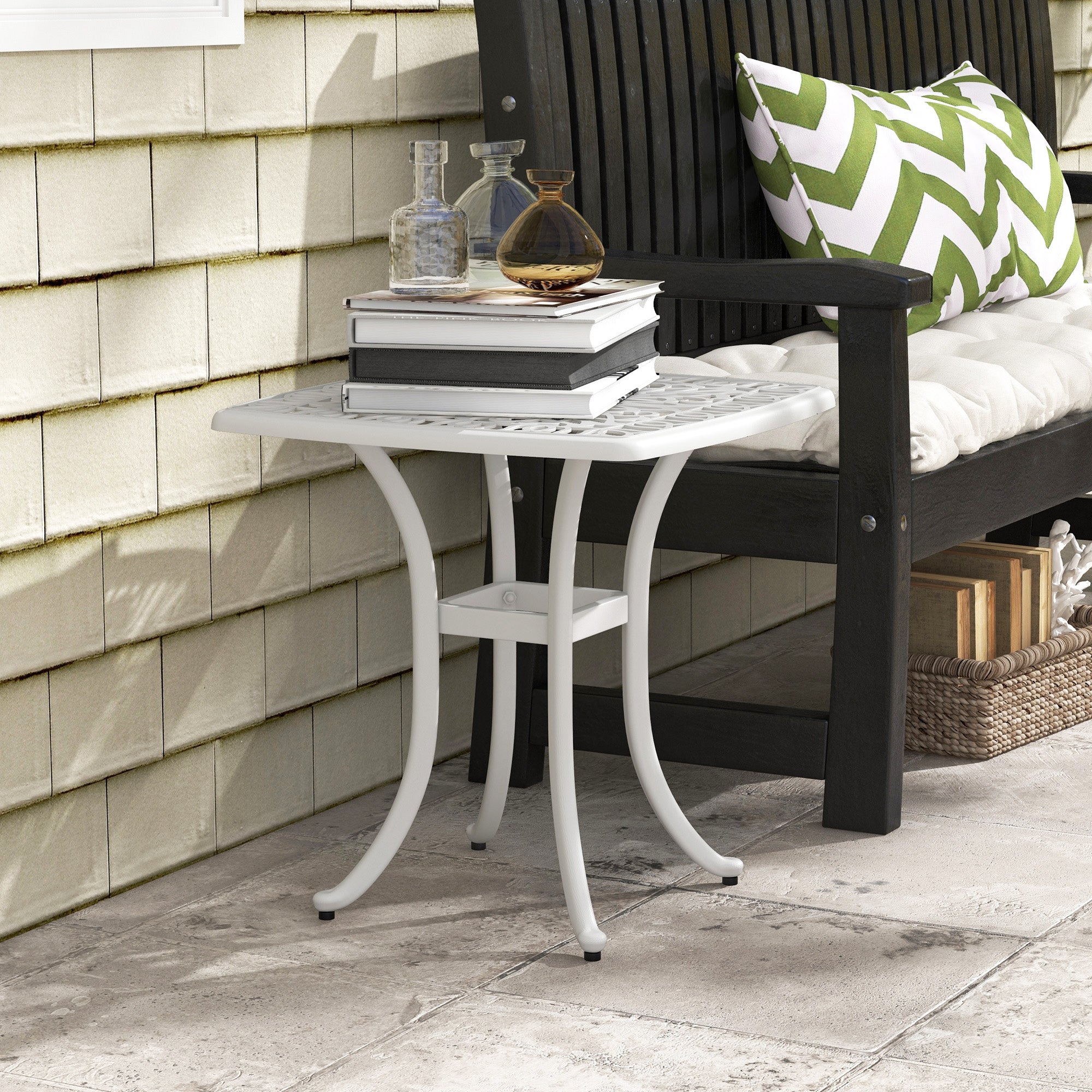 Outsunny 21" Square Cast Aluminum Outdoor End Table with Umbrella Hole Patio Side Table for Garden Balcony Poolside White