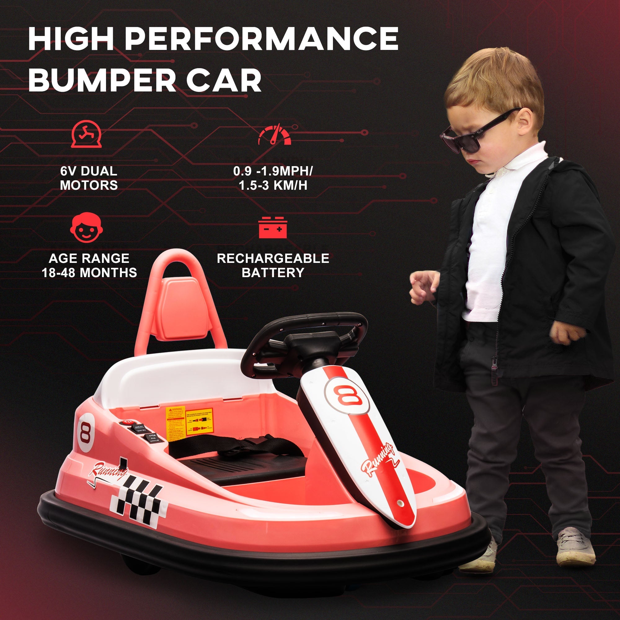 Aosom Kids Bumper Car, 6V 360° Rotation Electric Ride on Car, Twin Motors Battery Powered Toy, Horn and Lights, Safety Belt - Pink