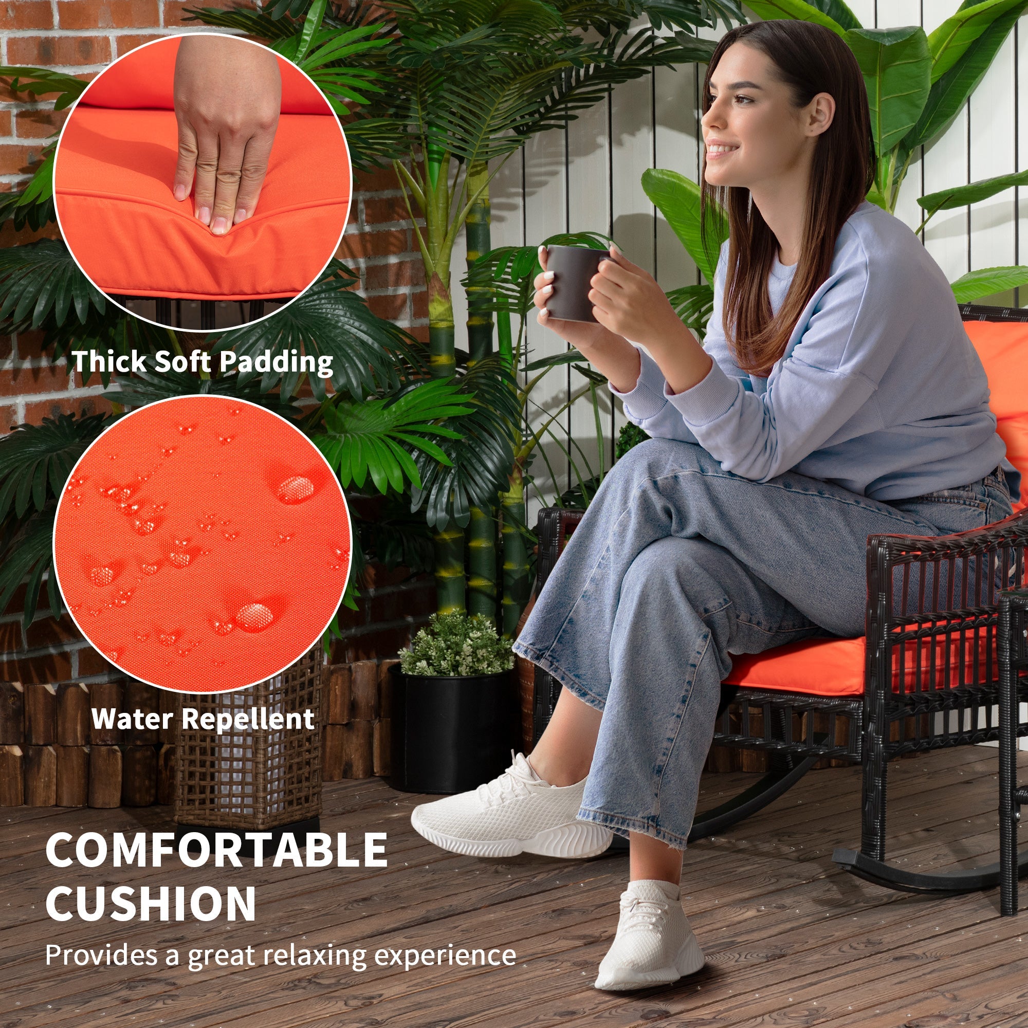 Outsunny 3 Pieces Outdoor PE Rattan Rocker Chair Set, Rocking Chair with Tempered Glass Table Top,25"x26"x28", Wine Red