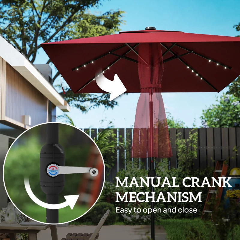 6' x 10' Patio Umbrella with 22 LED Solar Lights and Tilt, Rectangular Outdoor Table Umbrella with Crank, Wine Red