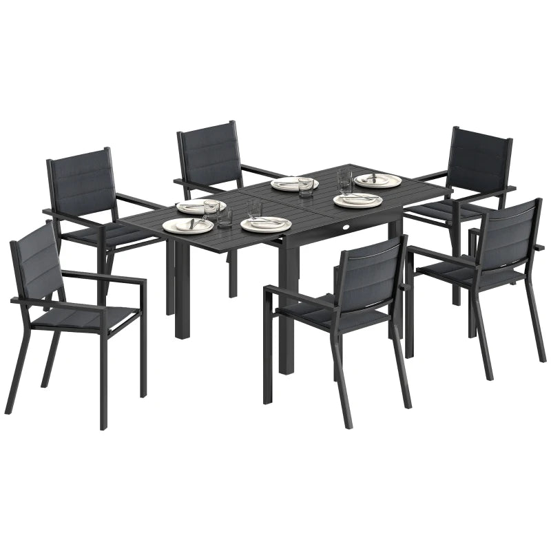 Patio Dining Set for 6, Aluminum Expandable Outdoor Table and 6 Stackable Chairs with Padded Back, Mesh Seat, Black