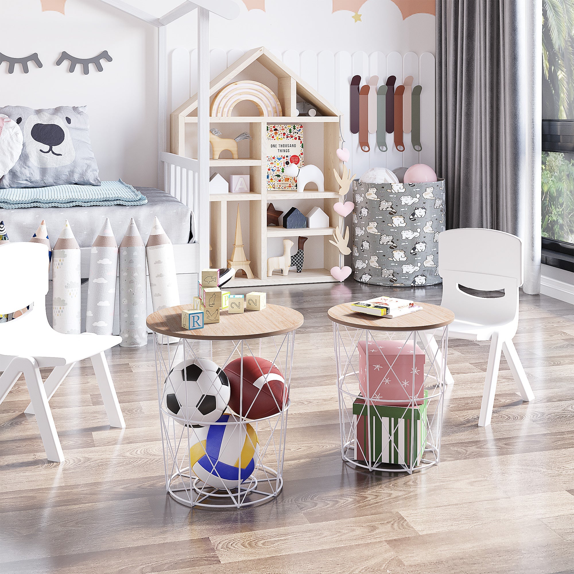 HOMCOM Nesting Coffee Table Set: 2 Round Metal Wire Baskets in White & Natural Finish