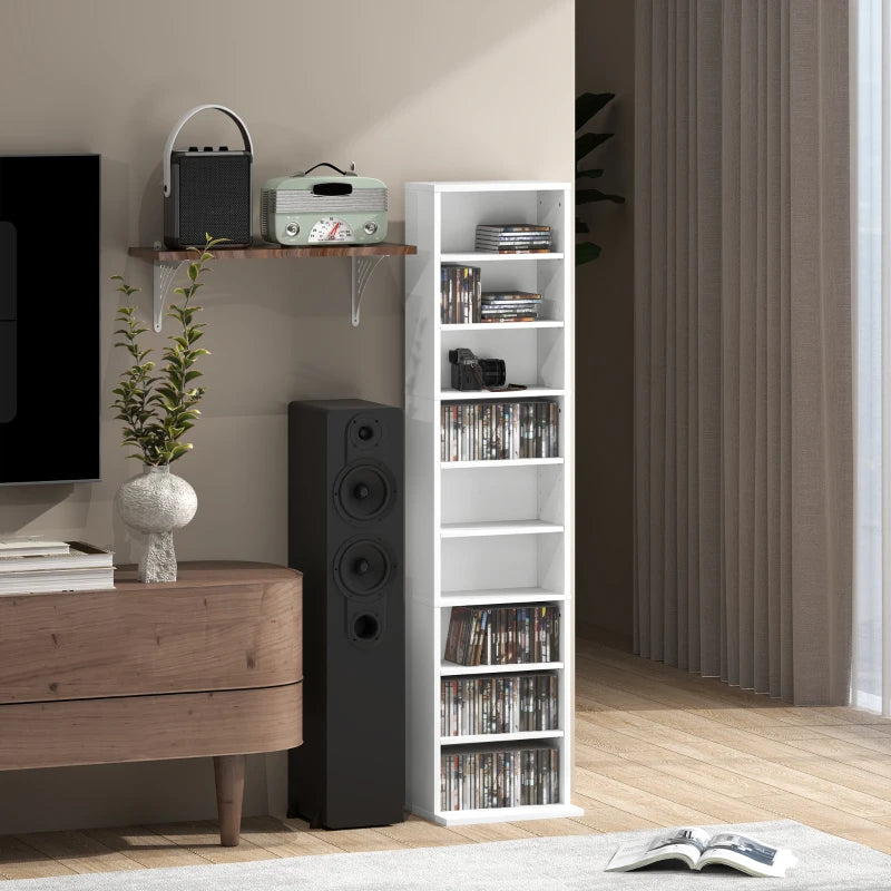 Media Storage Cabinet, 9-Tier Tall Narrow DVD Shelf with 6 Adjustable Shelves, White