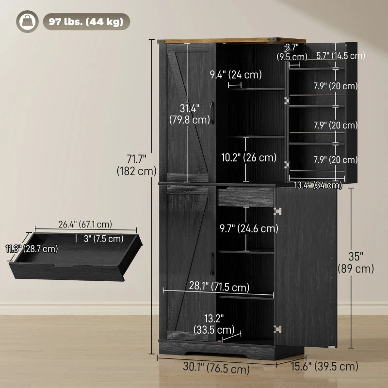 72" Kitchen Pantry Cabinet, Farmhouse Storage Cabinet with 4 Doors, Drawer, 8 Door Shelves and Adjustable Shelf, Black