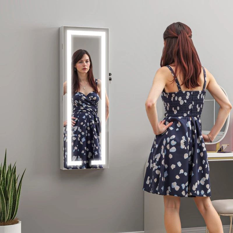 LED Lighted Jewelry Armoire with Mirror Jewelry Cabinet with Storage Lockable Door/Wall Mounted Jewelry Organizer, White