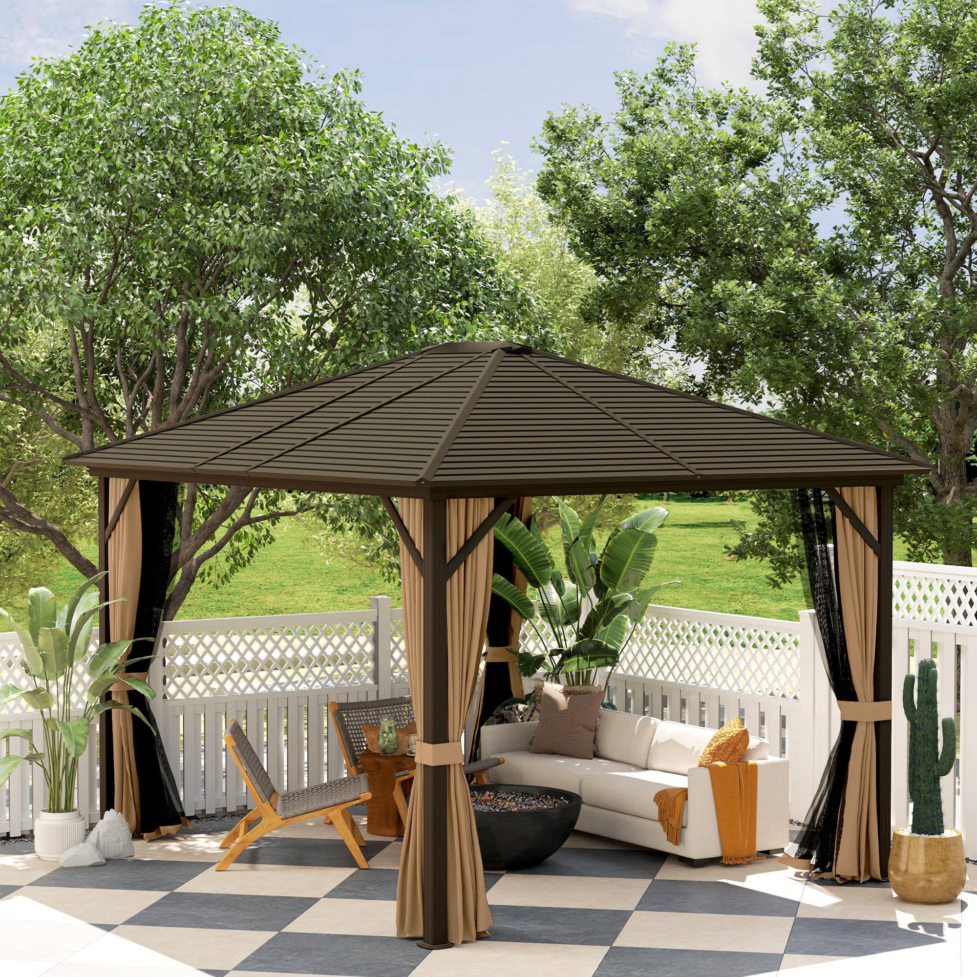 Outsunny 10' x 12' Deluxe Hardtop Gazebo with Metal Roof, Aluminum Frame Patio Gazebo Garden Sun Shelter Outdoor Pavilion with Curtains and Netting, Coffee