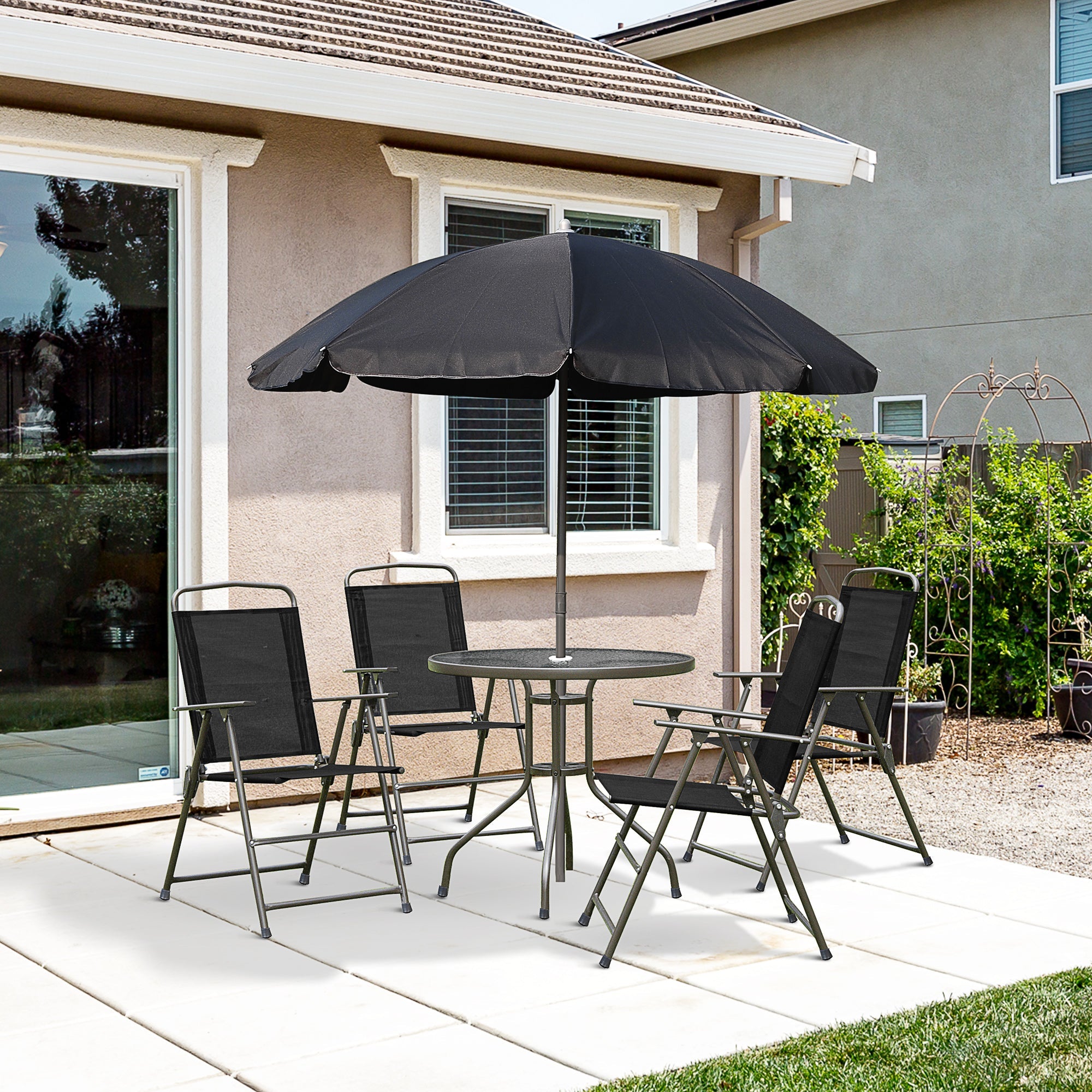 Outsunny 6PC Garden Dining Set with Umbrella Outdoor Patio Furniture Round Table Folding Chairs Cream-white