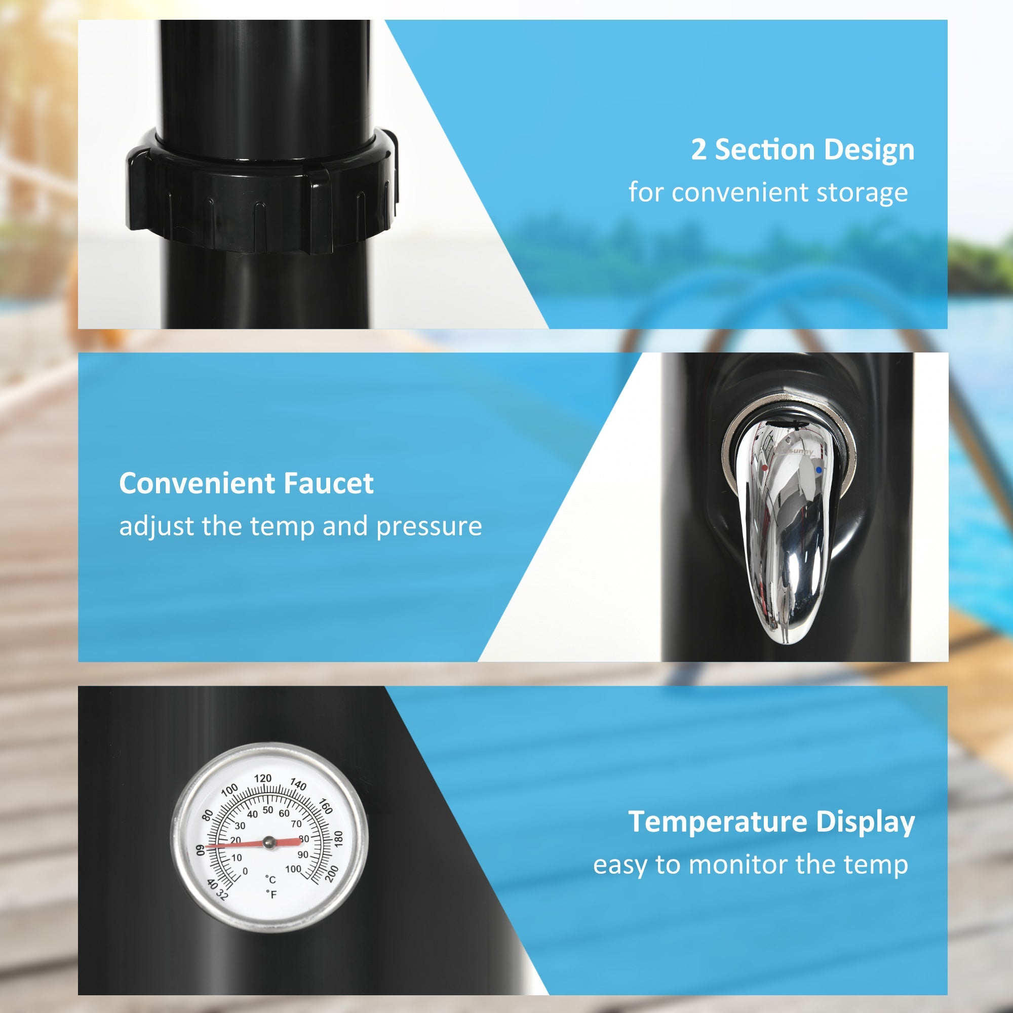 Outsunny Solar Heated Outdoor Shower 7.3FT 5.3 Gallon with Shower Head Foot Rinse Temperature Display Black