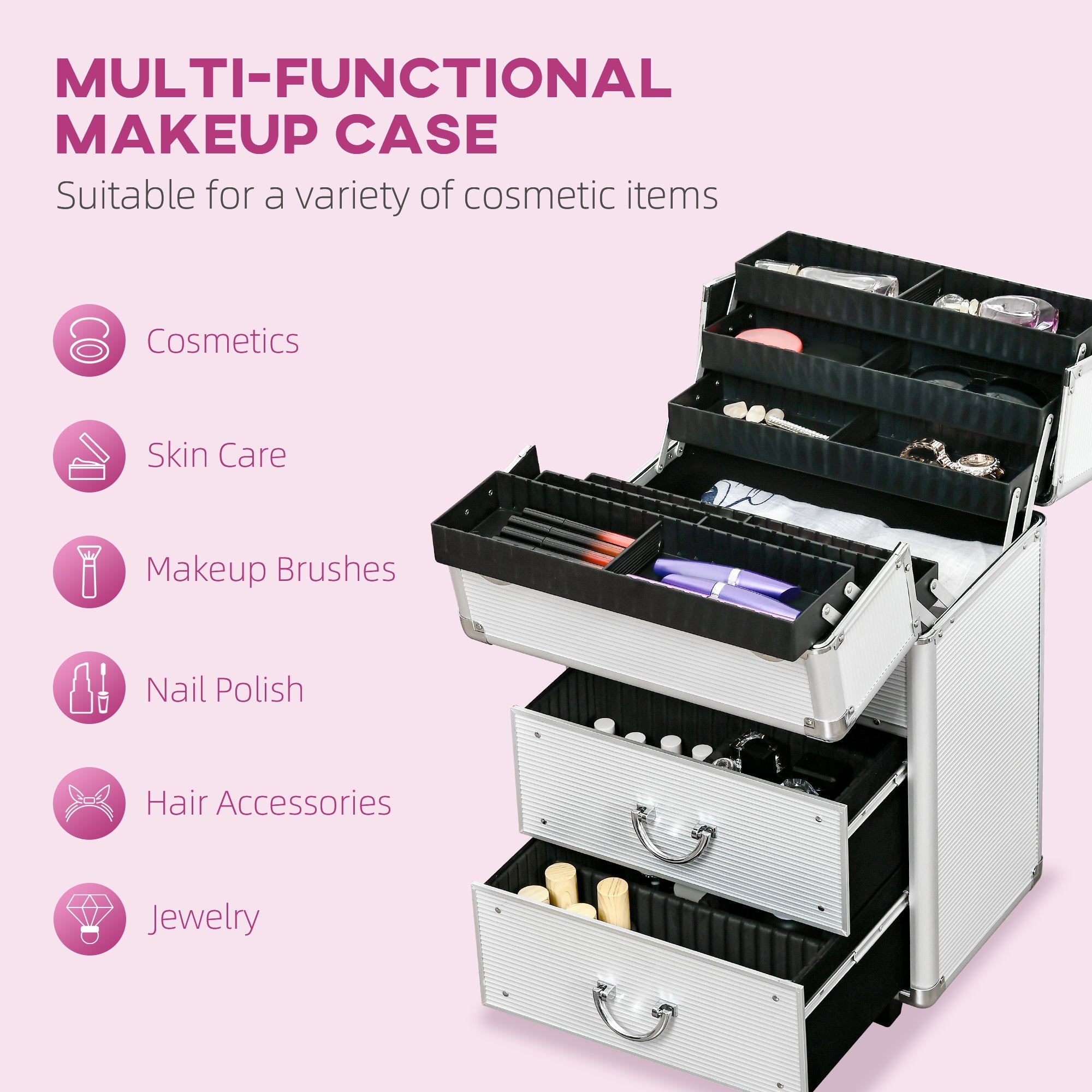 HOMCOM Large Cosmetic Trolley Rolling Makeup Train Case Storage Lockable Cart Silver with Folding Trays Swivel Wheels