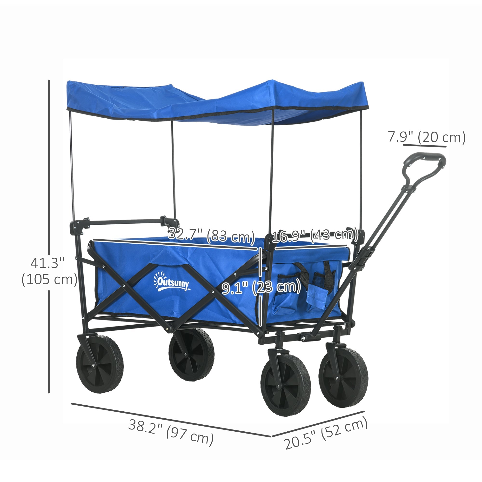 Outsunny Steel Frame Folding Garden Cart, Collapsible Wagon Cart with Removable Canopy, Telescopic Handle and Carrying Bag, Dark Blue