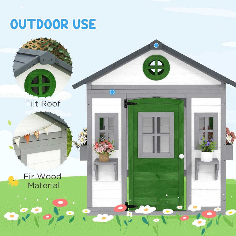 Wooden Playhouse for Kids Outdoor with Door, Windows, Planter Pots and Boxes for Toddlers 3-8 Years, White