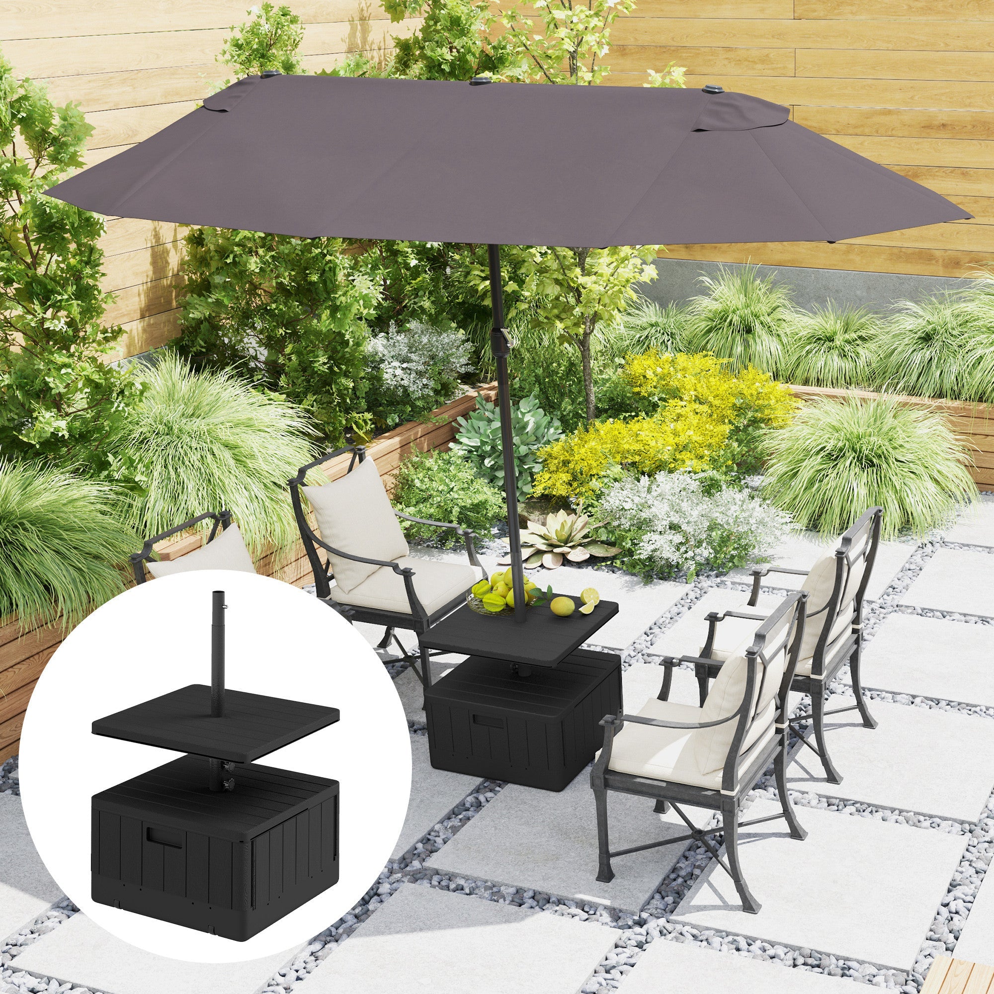 Outsunny Patio Umbrella Weighted Base with Table Tray, Heavy Duty Umbrella Base with Wheels Handles, 176lbs with Stand Filling, Patio Umbrella Stand Base for Garden Poolside, Black
