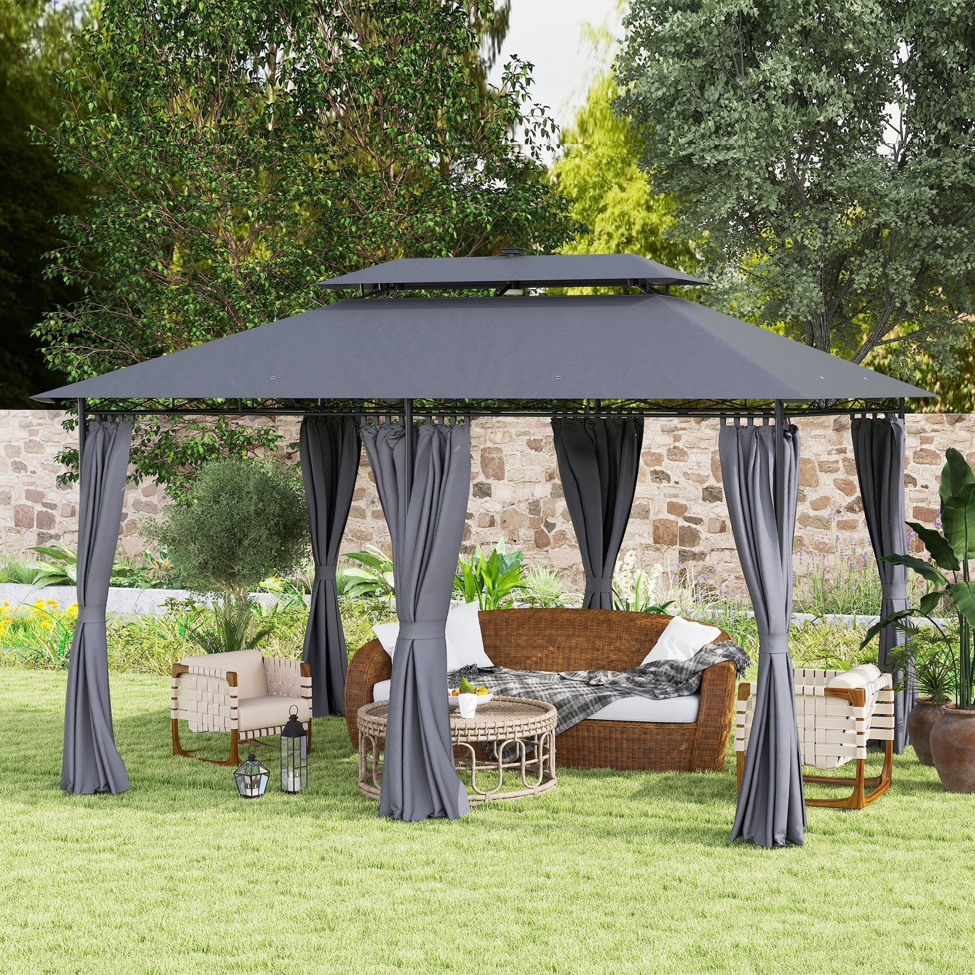 Outsunny 10' x 13' Outdoor Gazebo with Curtains and Solar-Powered LED Lights, Double Roof Patio Gazebo Canopy Shelter