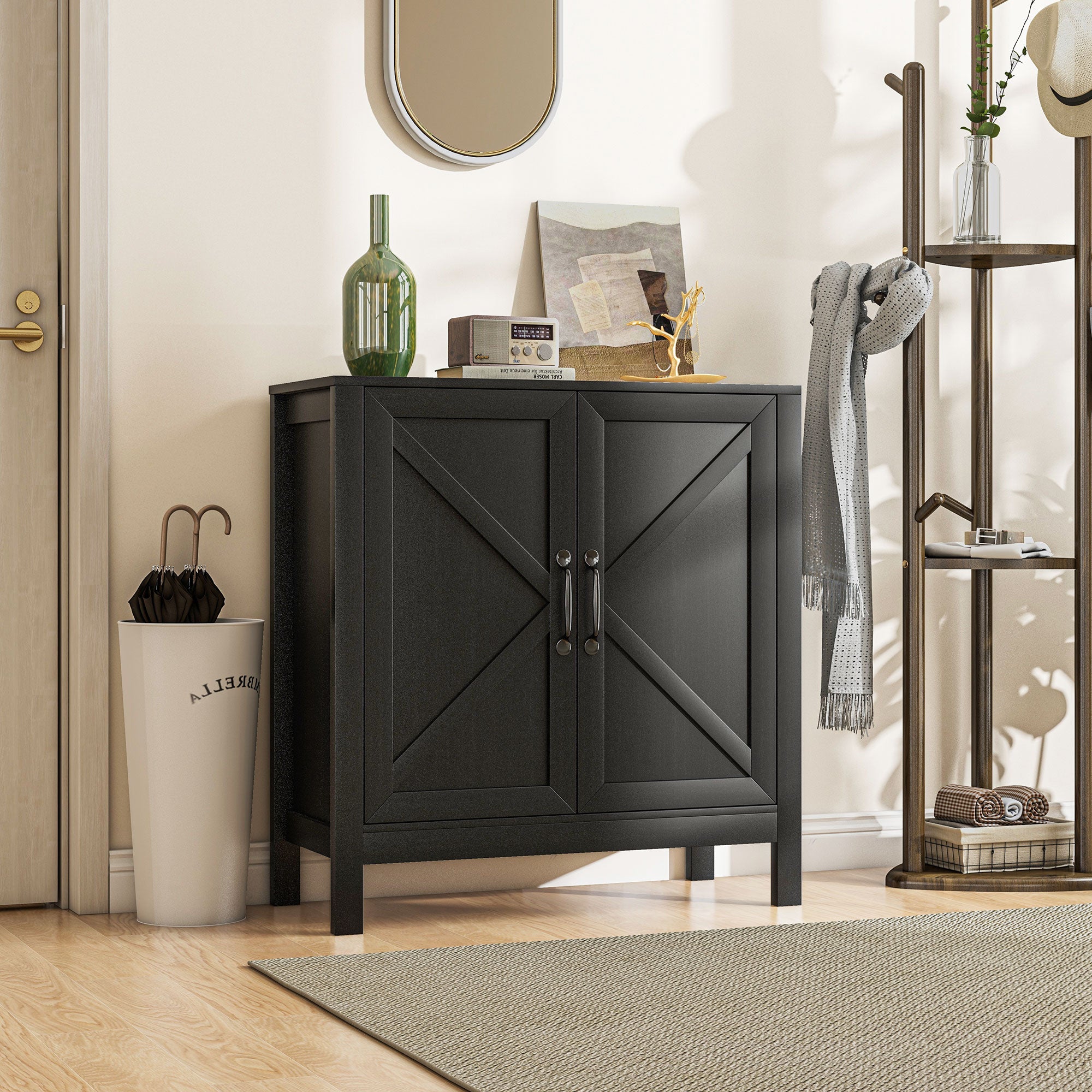 HOMCOM Sideboard Buffet Kitchen Pantry Cabinet Barn Door Adjustable Shelves Storage Pantry Black Oak