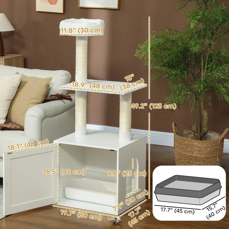 Cat Tree with Litter Box Enclosure, Sisal Covered Scratching Posts, Large Platform, Bed for Indoor Cats, White