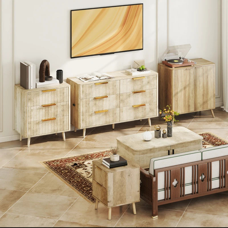 Night Stands Set of 2, Nightstands with Finger Pulls and Fluted Drawers, Bedside Tables with Round Edges, Oak