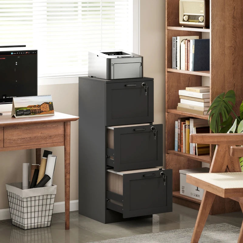 Vertical Filing Cabinet with 3 Drawers, Lock, File Cabinet for Home Office, A4 and Letter Size Files, Black