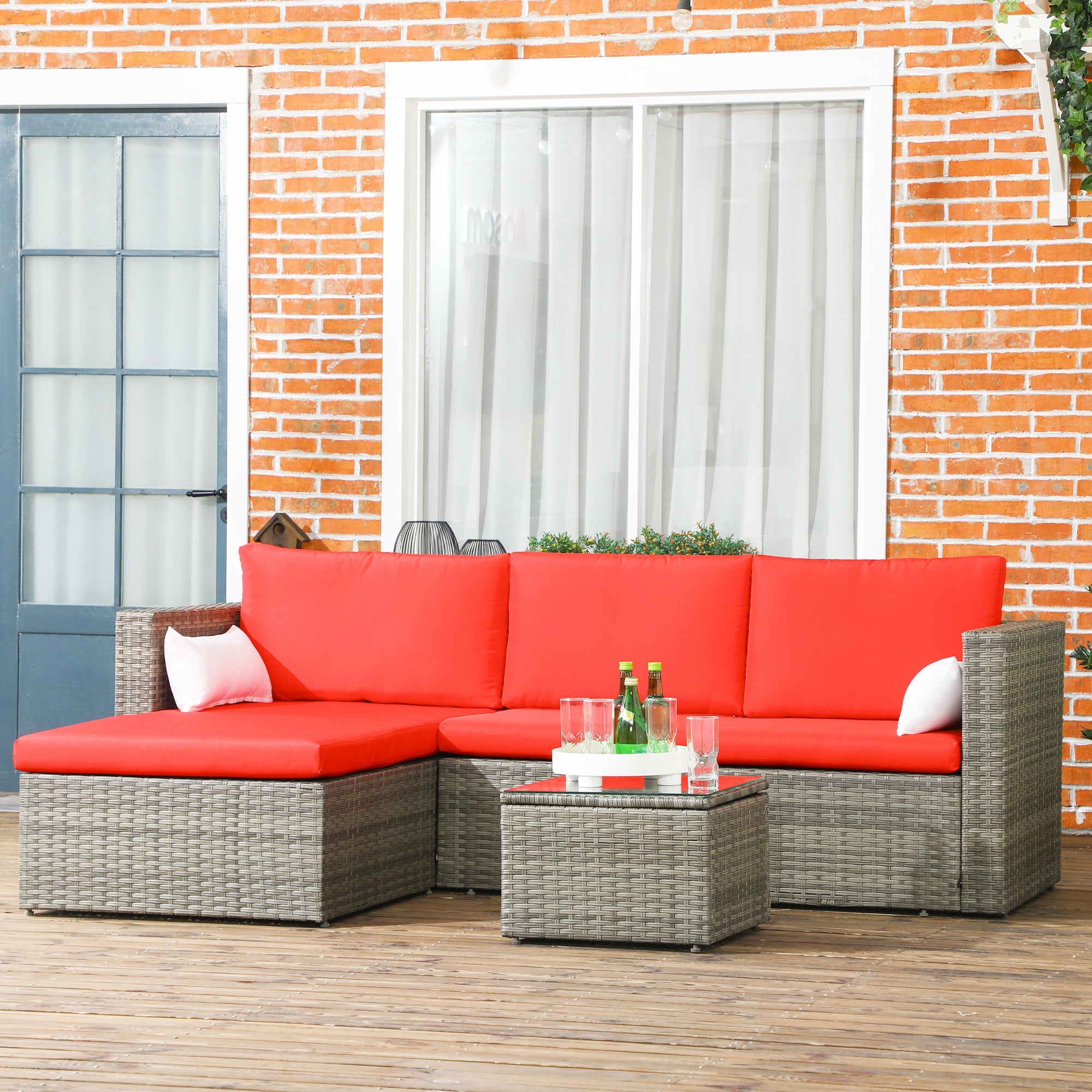 Outsunny 3pc Modern Rattan Sofa Set Wicker Patio Furniture Coffee Table Cushions Pillows
